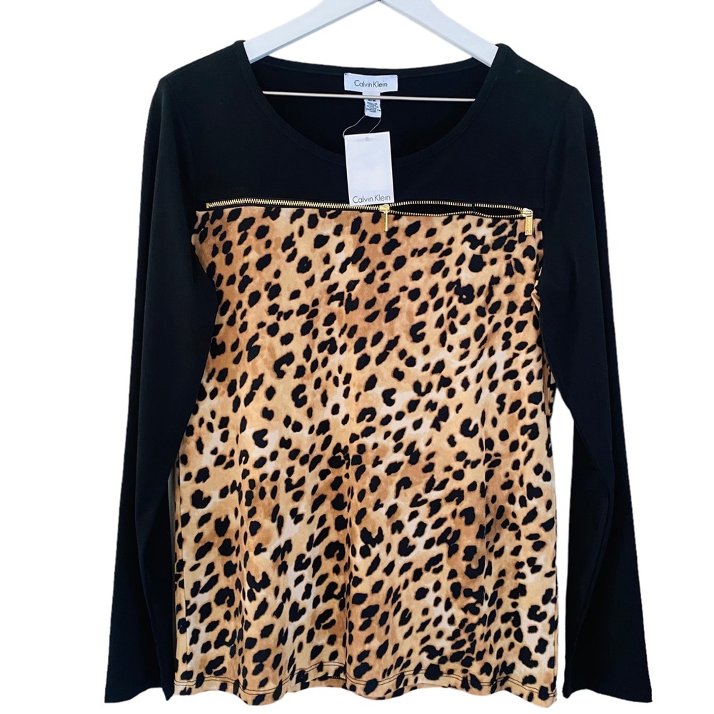 Calvin Klein‎ NWT Leopard Animal Print Liquid Knit Long Sleeve Zipper Accent Top